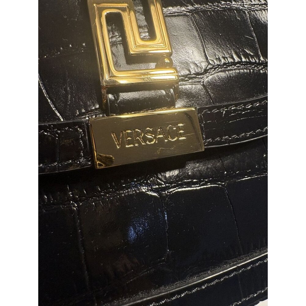 Versace Greca Goddess Croc-Embossed Top Handle Mini Bag in Black Calfskin - Picture 13 of 13